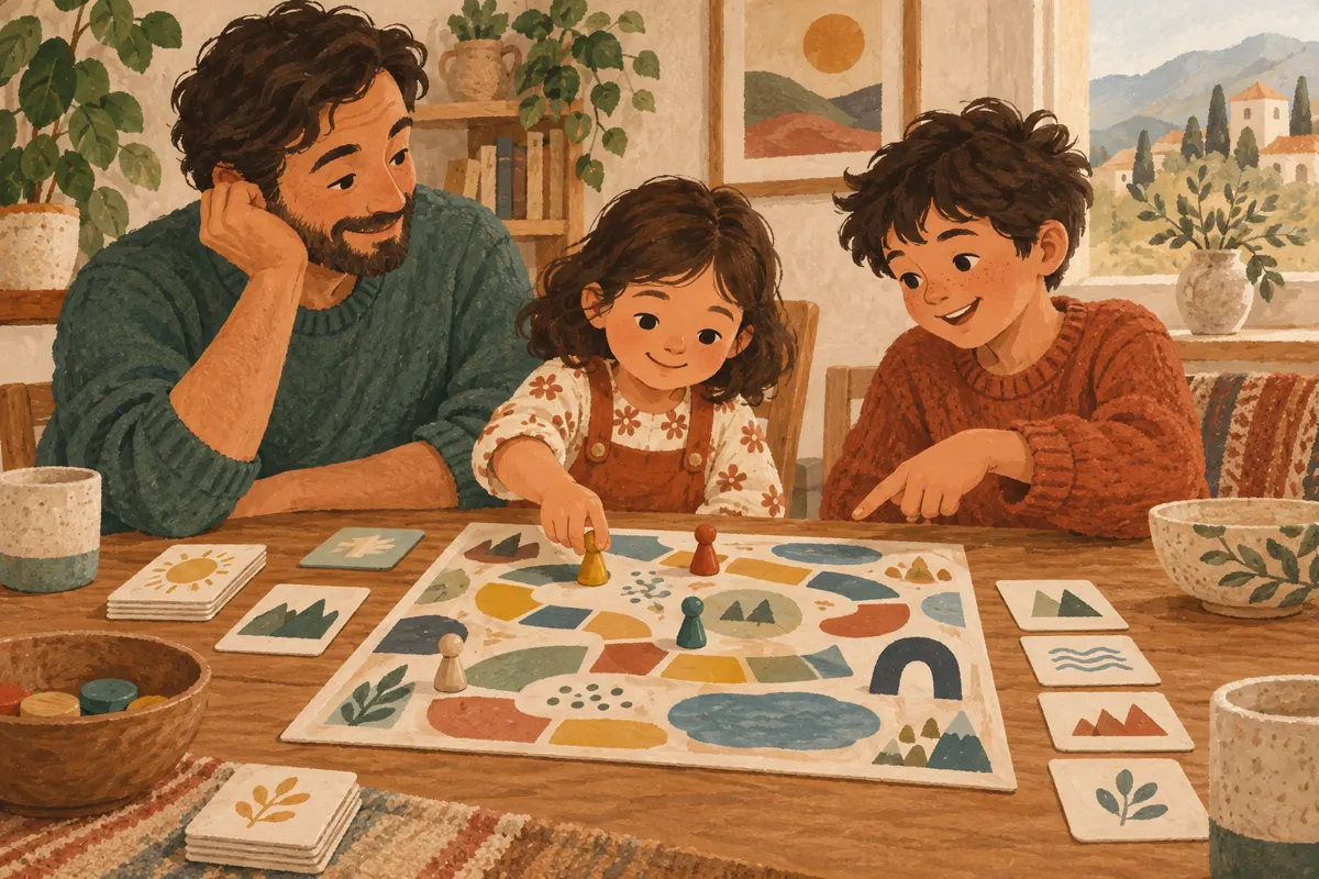 Ilustracja wspólnej gry dorosłego i dzieci w różnym wieku przy planszy.